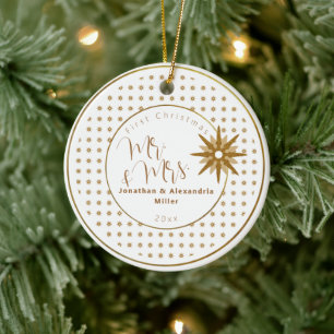 First Christmas Mr & Mrs Gold Snowflake Wedding Ceramic Tree Decoration