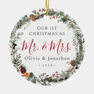First Christmas Mr. & Mrs. Greenery Wreath Photo Ceramic Tree Decoration