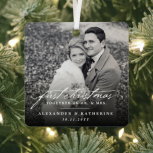 First Christmas Mr. & Mrs. Holiday Wedding Photo Metal Tree Decoration