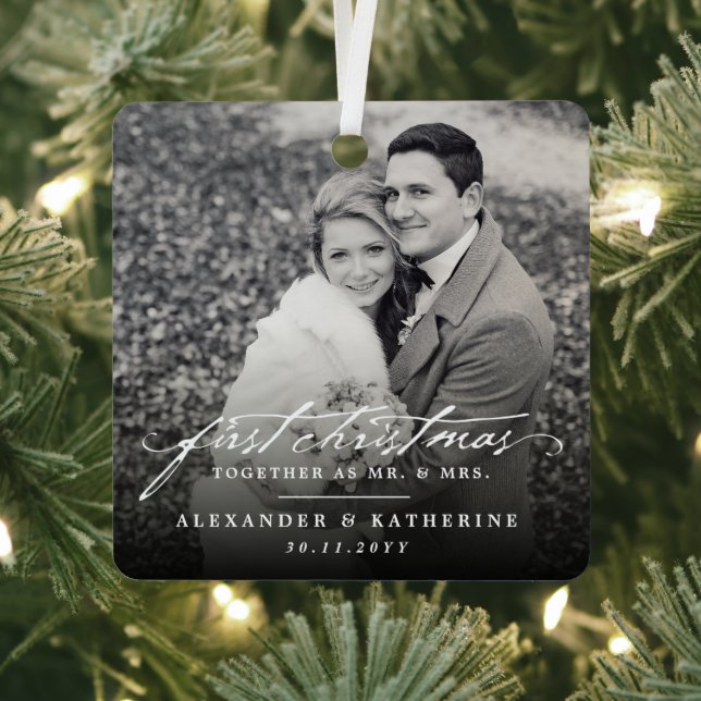 First Christmas Mr. & Mrs. Holiday Wedding Photo Metal Tree Decoration (Insitu)