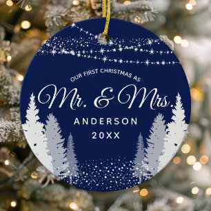 First Christmas Mr Mrs Navy Winter String Lights Ceramic Tree Decoration