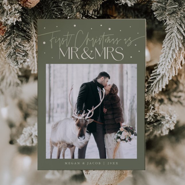 First Christmas Mr Mrs Newlywed Photo Sage Green Holiday Card (Creator Uploaded)