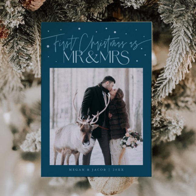 First Christmas Mr Mrs Newlywed Photo Teal Holiday Card (Creator Uploaded)