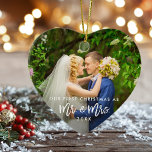 First Christmas Mr. & Mrs. Photo Brush Script Ceramic Tree Decoration<br><div class="desc">Modern Brush Script Our First Christmas as Mr. & Mrs. Wedding Photo Ornament - Front and Back Photos</div>