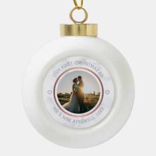 First Christmas Mr & Mrs Photo Elegant Marble Ceramic Ball Christmas Ornament