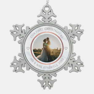 First Christmas Mr & Mrs Photo Elegant Marble Snowflake Pewter Christmas Ornament
