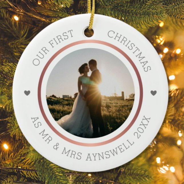 First Christmas Mr & Mrs Photo Modern Elegant Ceramic Tree Decoration (Creator Uploaded)
