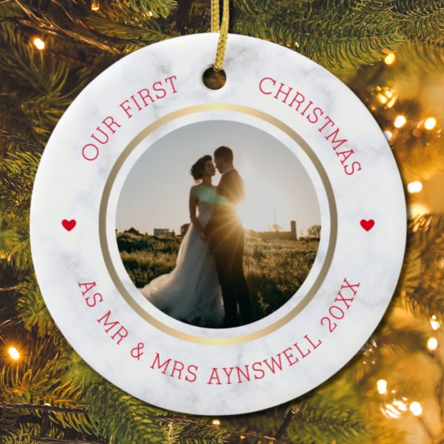 First Christmas Mr & Mrs Photo Modern Marble Ceramic Tree Decoration (Creator Uploaded)