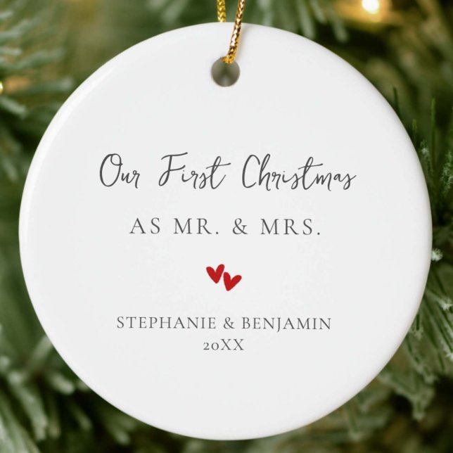 First Christmas Mr Mrs Red Hearts Couple Photo Ceramic Tree Decoration (our first christmas married mr mrs modern ornament couple luxury keepsake red hearts elegant simple)