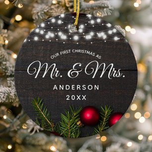 First Christmas Mr Mrs Red Pine String Lights Ceramic Tree Decoration
