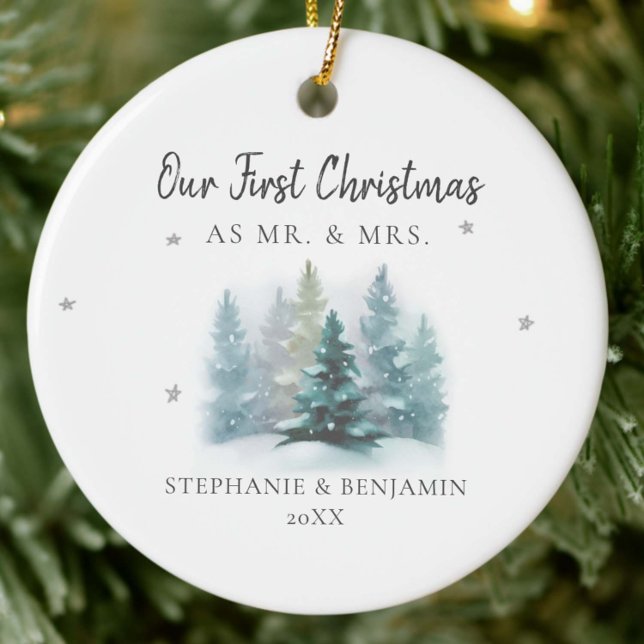First Christmas Mr Mrs Snow Mountains Photo Ceramic Tree Decoration (our first christmas married mr mrs modern ornament couple luxury keepsake mountain pine forest class)