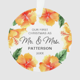 First Christmas Mr & Mrs Tropical Floral Photo Ornament