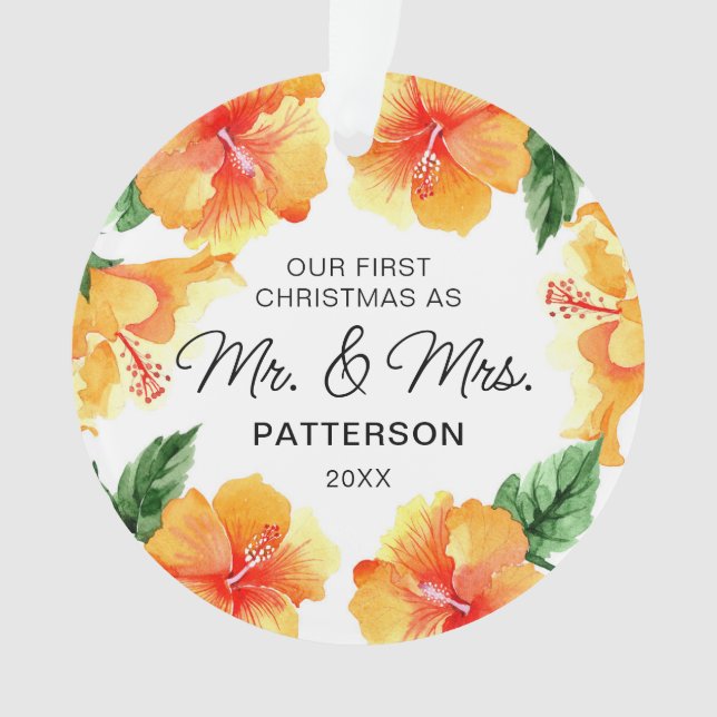 First Christmas Mr & Mrs Tropical Floral Photo Ornament (Front)