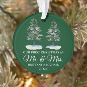 First Christmas Mr. Mrs. Watercolor Two Pines Ornament