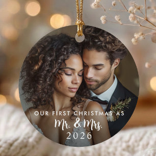First Christmas Mr. & Mrs. Wedding Photo Metal Tree Decoration