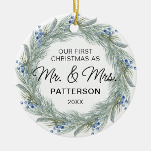 First Christmas Mr & Mrs Winter Floral Photo Name Ceramic Tree Decoration