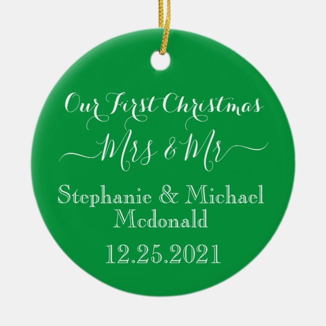 First Christmas  Mrs & Mr Green Red Personalised Ceramic Tree Decoration (Front)