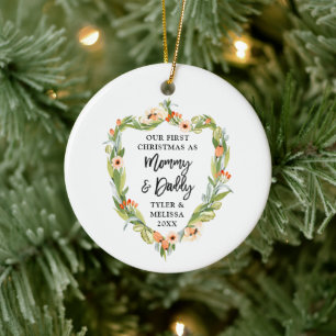 First Christmas Mummy Daddy Personalised Greenery Ceramic Tree Decoration