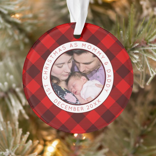 First Christmas Mummy Daddy Photo Red Plaid Ornament (Tree)