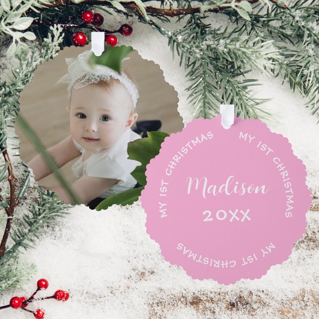 First Christmas Name And Baby Photo Pastel Pink  Tree Decoration Card (Front And Back)