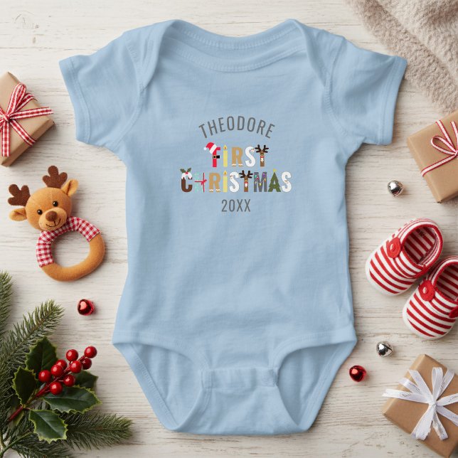 First Christmas Name Festive Letters Baby Bodysuit (First Christmas Boy Name Festive Baby Bodysuit. Just add a name and year)