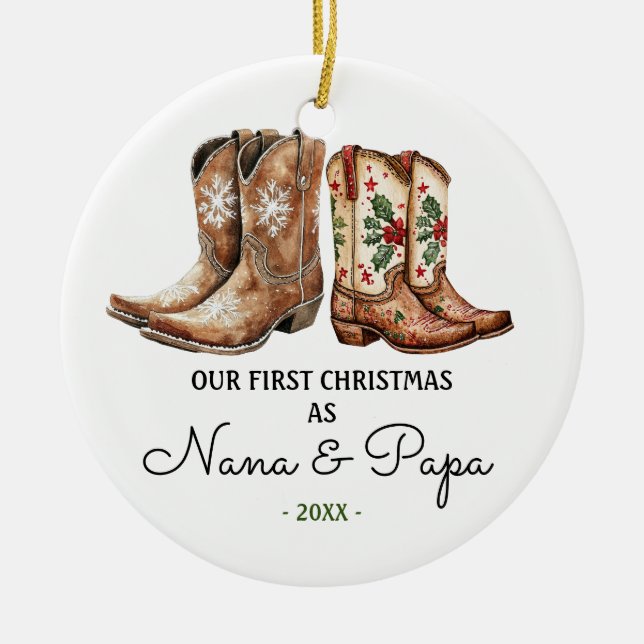 First Christmas Nana and Papa Cowboy Cowgirl Boots Ceramic Tree Decoration (Front)