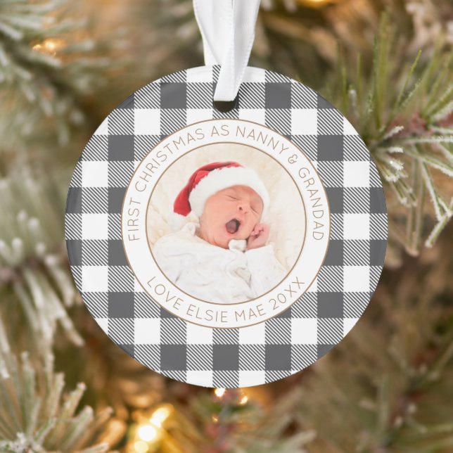 First Christmas Nanny Grandad Photo Name Plaid Ornament (Tree)