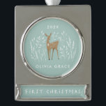 First Christmas natural reindeers delicate floral  Silver Plated Banner Ornament<br><div class="desc">First Christmas natural reindeers delicate floral personalised and year. Mint green.</div>