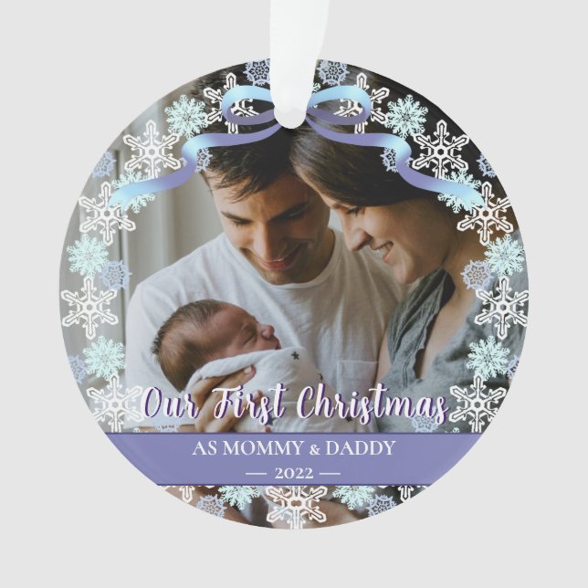 First Christmas New Baby Parents Snowflakes Ribbon Ornament (Front)