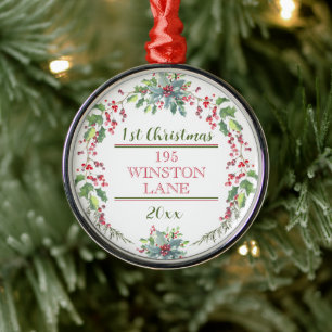 First Christmas, New Home, Address, Festive Tree Metal Tree Decoration