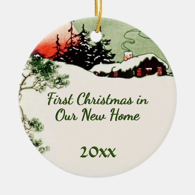 First Christmas New Home | Country Christmas Cabin Ceramic Tree Decoration (Front)