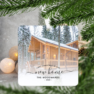 First Christmas New Home Custom Photo Black Script Metal Tree Decoration