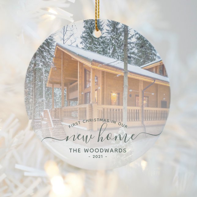 First Christmas New Home Custom Photo Green Script Ceramic Tree Decoration (Creator Uploaded)