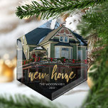 First Christmas New Home Gold Script Photo Glass Tree Decoration<br><div class="desc">Commemorate your first Christmas in your new home with this beautiful modern keepsake ornament. The text reads "First Christmas in our new home, " with the words "new home" in elegant gold faux foil script. Replace the sample image with a photo of your new house and add your family's last...</div>