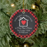 First Christmas New Home Heart Plaid Chalkboard Ceramic Tree Decoration<br><div class="desc">This first Christmas in our new home keepsake ornament design features space for your personal text on a warm red and black buffalo plaid & chalkboard background with a cute little house graphic and a heart. The collection of coordinating products is available in our shop, zazzle.com/store/doodlelulu. Contact us if you...</div>
