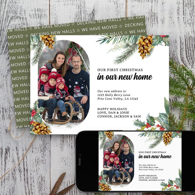 First Christmas New Home Lozenge Photo Holly Pine Holiday Card (First Christmas New Home Photo Holiday Card from Rounded Lozenge Photo Collage collection)