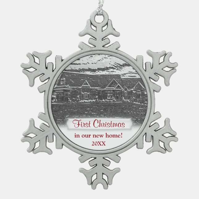 First Christmas new home Metallic look Snowflake Pewter Christmas Ornament (Front)