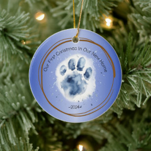 First Christmas New Home paw print quote blue Ceramic Tree Decoration