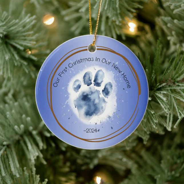 First Christmas  New Home paw print quote blue Ceramic Tree Decoration (Tree)