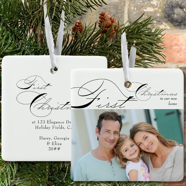 First Christmas New Home Photo Elegant Calligraphy Ceramic Ornament (Creator Uploaded)