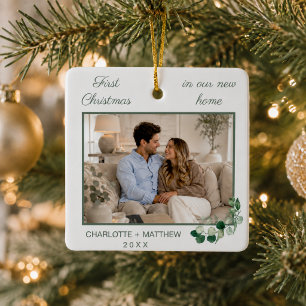 First Christmas new home photo white greenery Ceramic Ornament