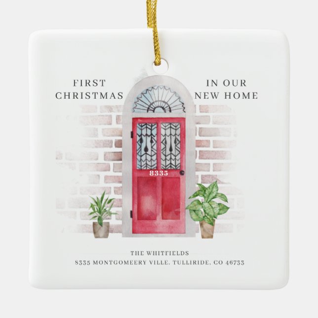 First Christmas New Home Red Door Boho Ceramic Ornament (Front)