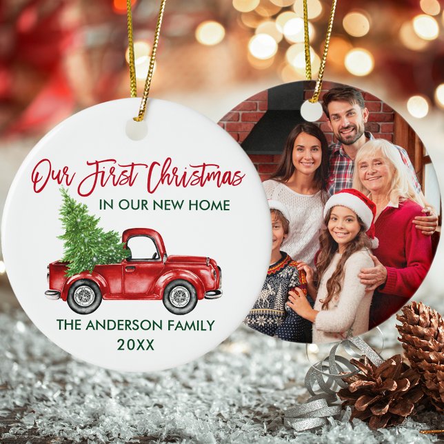 First Christmas New Home Red Truck PHOTO Ceramic Tree Decoration (Customize with Name, Year and Photo.)
