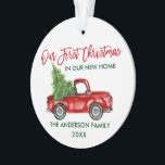 First Christmas New Home Red Truck PHOTO Ornament<br><div class="desc">Modern Brush Script Our First Christmas in our New Home Ornament includes Watercolor Vintage Red Truck with Christmas Tree - Photo Back</div>