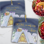 First Christmas New Home Rooftop Santa Footprints Ceramic Ornament<br><div class="desc">First Christmas in new home holiday ornament - which you can edit for single, couples and families and personalise with the year and your new address. Fun design with cosy house rooftop against the midnight sky with santa footprints in the snow and some gifts ready to come down the chimney....</div>