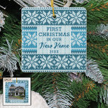 First Christmas New Home Snowflake Faux Sweater Ceramic Ornament<br><div class="desc">Create a personalised photo keepsake ornament commemorating your FIRST CHRISTMAS IN OUR NEW HOME featuring a cosy blue faux Nordic snowflake knit sweater pattern. ASSISTANCE: For help with design modification or personalisation, colour change or transferring the design to another product, contact the designer BEFORE ORDERING via the Zazzle Chat MESSAGE...</div>