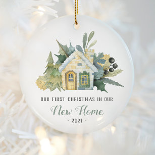 First Christmas New Home Watercolor House Green Ceramic Tree Decoration