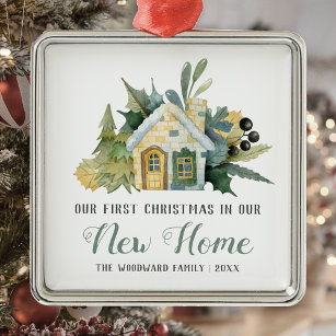 First Christmas New Home Watercolor House Green Metal Tree Decoration