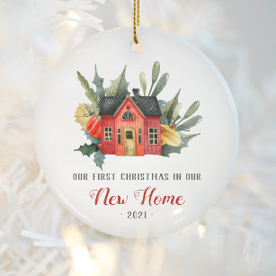 First Christmas New Home Watercolor House Red Ceramic Tree Decoration