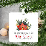 First Christmas New Home Watercolor House Red Metal Tree Decoration<br><div class="desc">Celebrate your first Christmas in your new home with this cute keepsake ornament, featuring a watercolor painting of a cosy red cottage surrounded by green and yellow winter foliage. The text reads "Our First Christmas in Our New Home, " with the words "New Home" in red calligraphy and the remaining...</div>